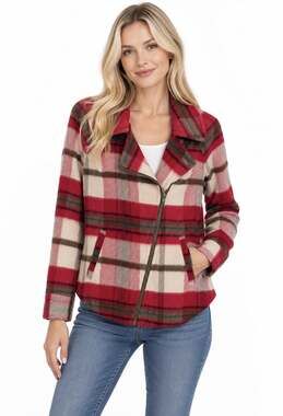 Cabi Limited Edition Shelter Jacket Plaid Asymmetrical Zip Fall Warm Red Size S